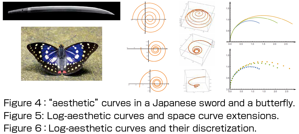 Figure 4：“aesthetic” curves in a Japanese sword and a butterfly. Figure 5: Log-aesthetic curves and space curve extensions. Figure 6：Log-aesthetic curves and their discretization.