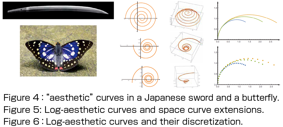 Figure 4:“aesthetic” curves in a Japanese sword and a butterfly. Figure 5: Log-aesthetic curves and space curve extensions. Figure 6:Log-aesthetic curves and their discretization.